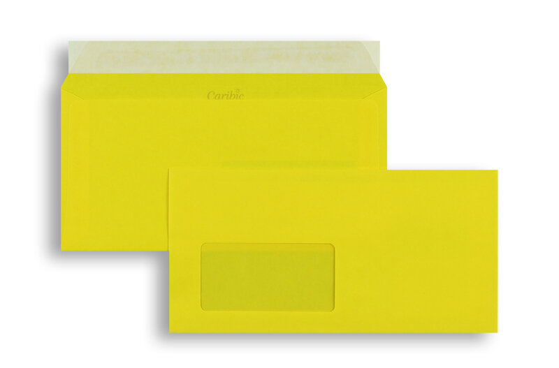 enveloppes colorées jaune (jaune soufre) 110 x 220 mm (dl) | 90 g/m² caribic | avec fenêtre | fermeture adhésive | rabat droit | 250 pièces