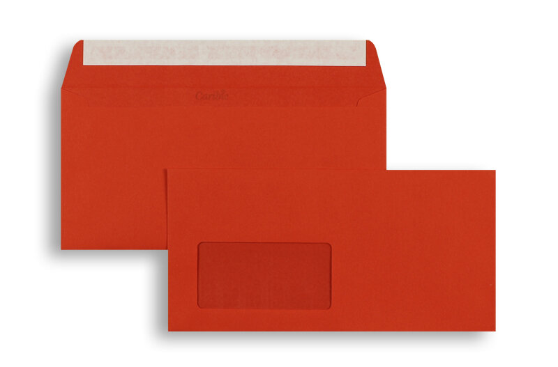 enveloppes colorées rouge (rouge cinabre) 110 x 220 mm (dl) | 90 g/m² caribic | avec fenêtre | fermeture adhésive | rabat droit | 250 pièces