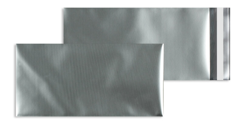 enveloppes de feuille plastique colorées argent 110 x 220 mm (dl) | 70 my feuille pp aluminée - matte | sans fenêtre | fermeture adhésive | rabat droit | 100 pièces