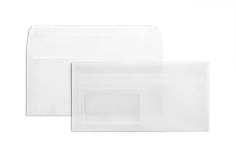 enveloppes transparentes blanc (transparent blanc) 110 x 220 mm (dl) | 90 g/m² offset | avec fenêtre | fermeture adhésive | rabat droit | 100 pièces