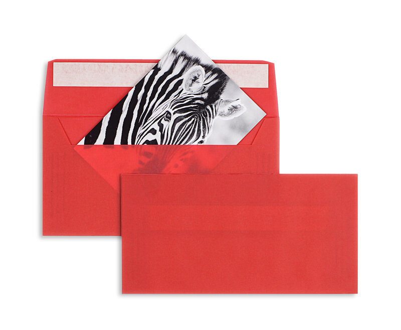 enveloppes transparentes colorées rouge (transparent rouge intense) 110 x 220 mm (dl) | 92 g/m² offset | sans fenêtre | fermeture adhésive | rabat droit | 100 pièces