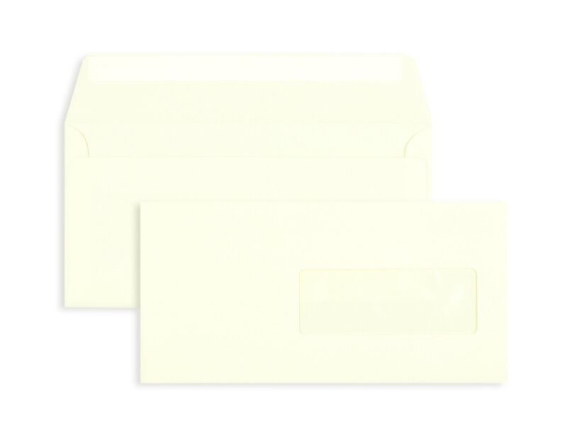 enveloppes colorées crème 115 x 229 mm (din c6/5) | 120 g/m² velin | avec fenêtre | fermeture adhésive | rabat droit | 100 pièces