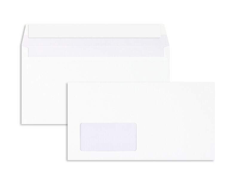 enveloppes blanc 125 x 235 mm | 80 g/m² offset | avec fenêtre | fermeture adhésive | rabat droit | 1000 pièces