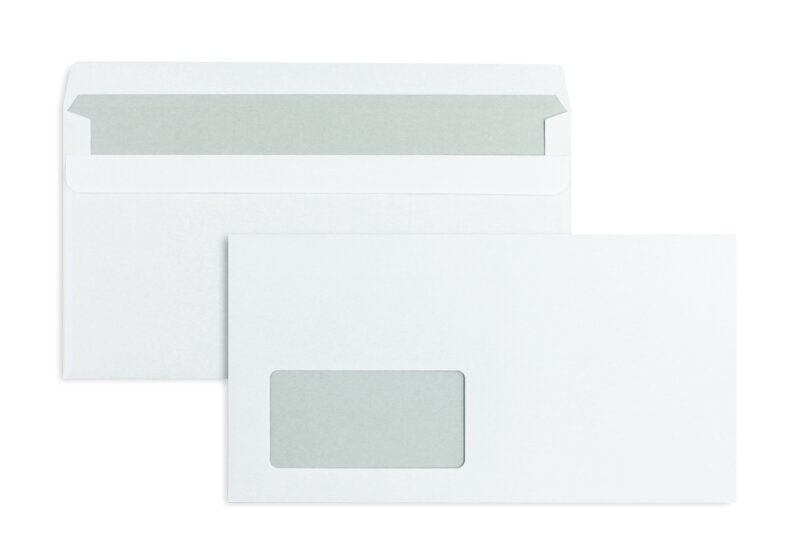 enveloppes blanc 125 x 235 mm | 80 g/m² offset | avec fenêtre | fermeture autocollante | rabat droit | 1000 pièces