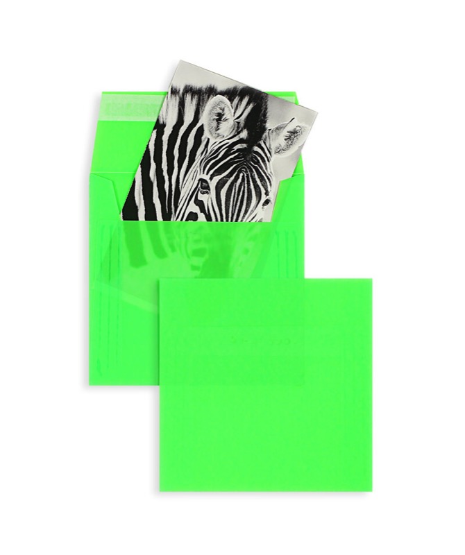 enveloppes transparentes colorées vert (néon vert transparent) 130 x 130 mm | 100 g/m² cromatico | sans fenêtre | fermeture adhésive | rabat droit | 250 pièces
