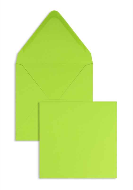 enveloppes colorées vert (vert tilleul) 140 x 140 mm | 120 g/m² offset | sans fenêtre | fermeture gommée | rabat pointu | 100 pièces