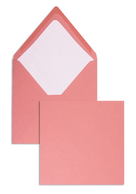 enveloppes colorées rose (corail) 164 x 164 mm | 100 g/qm côtelé (paperado) | sans fenêtre | fermeture gommée | rabat pointu | 100 pièces