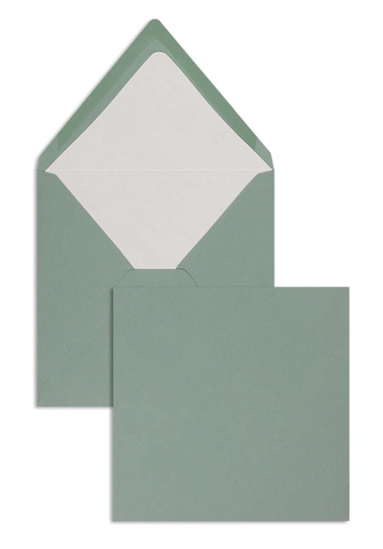 enveloppes colorées vert (eucalyptus) 164 x 164 mm | 100 g/qm côtelé (paperado) | sans fenêtre | fermeture gommée | rabat pointu | 100 pièces