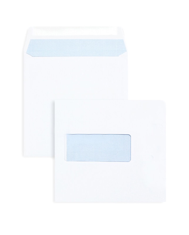enveloppes blanc 170 x 170 mm | 100 g/m² offset | avec fenêtre | fermeture gommée | rabat droit | 500 pièces