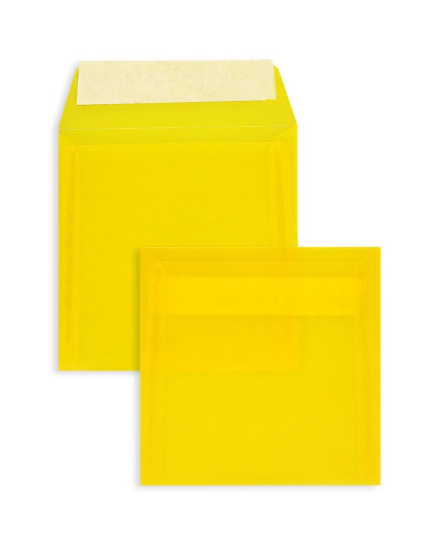 enveloppes transparentes colorées jaune (transparent jaune intense) 170 x 170 mm | 100 g/m² offset | sans fenêtre | fermeture adhésive | rabat droit | 100 pièces