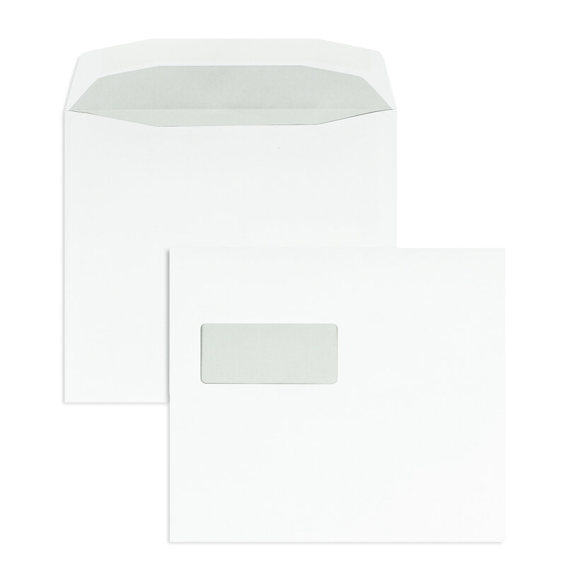 enveloppe de mise sous pli blanc 220 x 220 mm | 100 g/m² offset | avec fenêtre | fermeture gommée | rabat trapézoïdal | 500 pièces