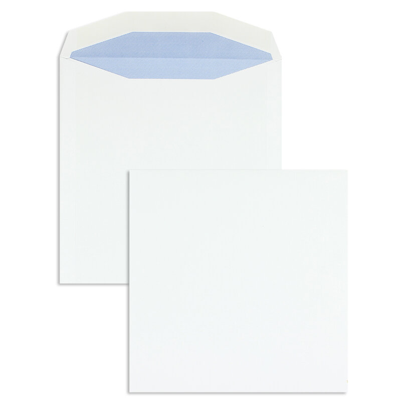 enveloppe de mise sous pli blanc 220 x 220 mm | 100 g/m² offset | sans fenêtre | fermeture gommée | rabat trapézoïdal | 100 pièces