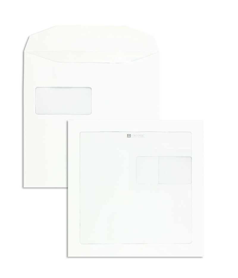 enveloppes avec fenêtre publicitaire blanc 220 x 220 mm | 120 g/m² offset | 2 fenêtres | fermeture gommée | rabat trapézoïdal | 250 pièces