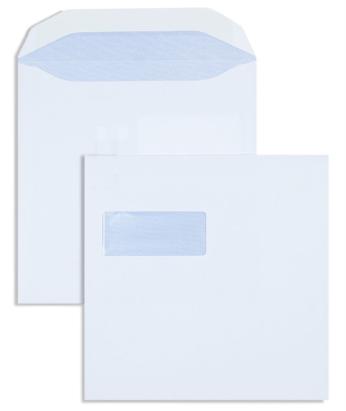 enveloppes blanc 220 x 220 mm | 100 g/m² mat couché | avec fenêtre | fermeture gommée | rabat trapézoïdal | 100 pièces