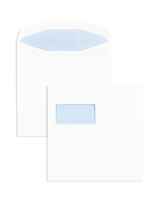 enveloppes blanc 220 x 220 mm | 100 g/m² offset | avec fenêtre | fermeture autocollante | rabat trapézoïdal | 250 pièces
