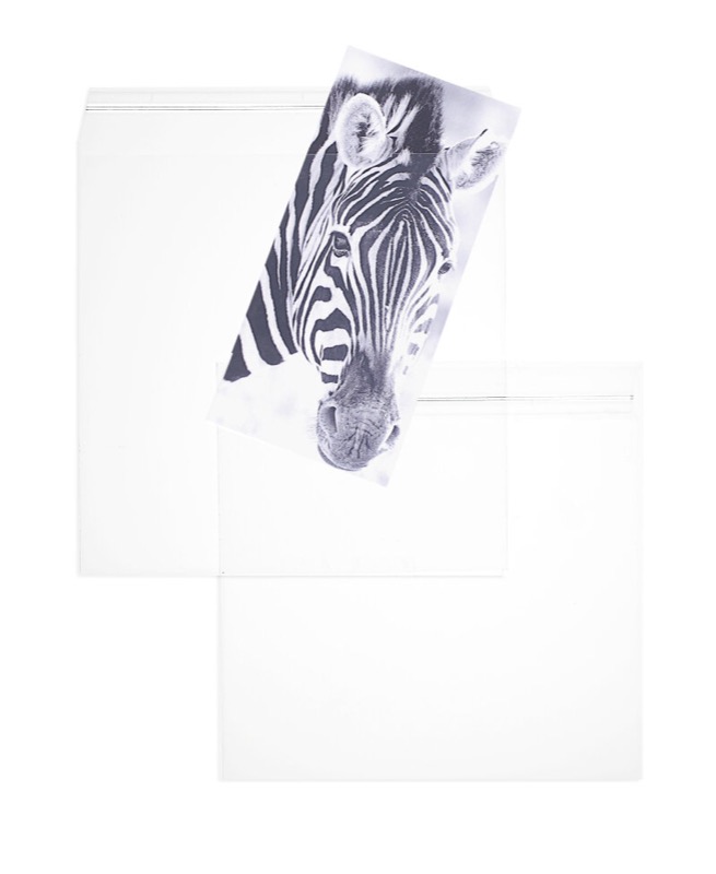 enveloppes transparentes de feuille plastique cristallin 220 x 220 mm | 100 my polypropylène | sans fenêtre | fermeture adhésive | rabat droit | 100 pièces