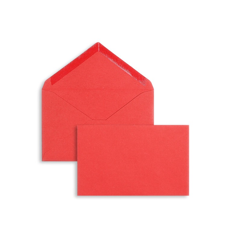 enveloppes colorées rouge (rouge cinabre) 95 x 145 mm | 120 g/m² velin | sans fenêtre | fermeture gommée | rabat pointu | 100 pièces