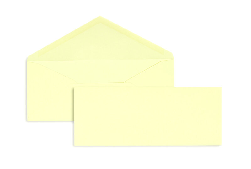 enveloppes colorées jaune (jaune pastel) 95 x 235 mm | 120 g/m² velin | sans fenêtre | fermeture gommée | rabat pointu | 100 pièces