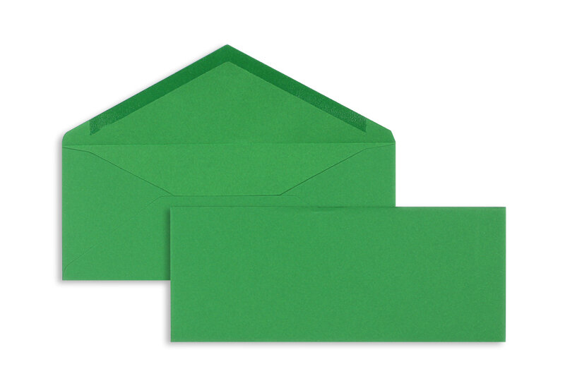 enveloppes colorées vert (vert mousse) 95 x 235 mm | 120 g/m² velin | sans fenêtre | fermeture gommée | rabat pointu | 100 pièces