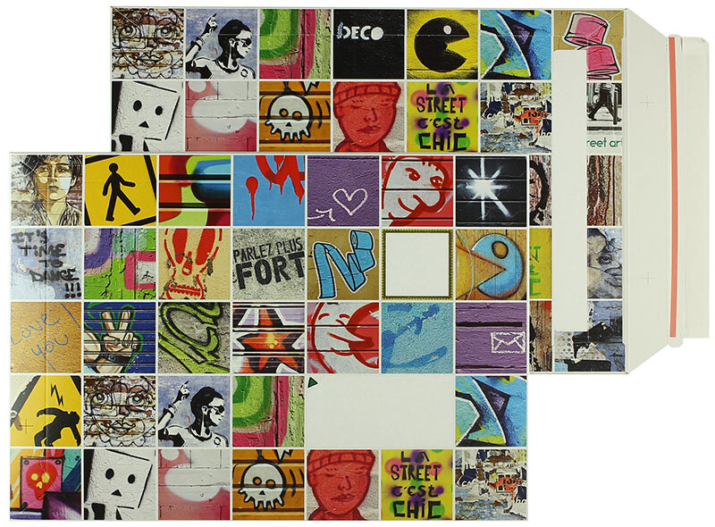 enveloppes en carton blanc (graffiti-motif) 250 x 353 mm (b4) | 500 g/m² carton duplex | sans fenêtre | fermeture adhésive | rabat droit | 100 pièces