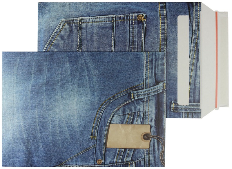 enveloppes en carton colorées bleu (jeans-motif) 250 x 353 mm (b4) | 500 g/m² carton duplex | sans fenêtre | fermeture adhésive | rabat droit | 100 pièces