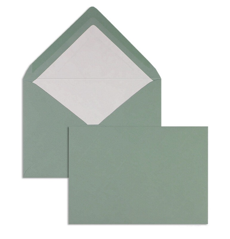 enveloppes colorées vert (eucalyptus) 125 x 176 mm (b6) | 100 g/qm côtelé (paperado) | sans fenêtre | fermeture gommée | rabat pointu | 100 pièces