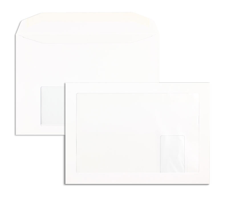 enveloppes avec fenêtre publicitaire blanc 229 x 324 mm (c4) | 120 g/m² offset | 2 fenêtres | fermeture gommée | rabat trapézoïdal | 250 pièces