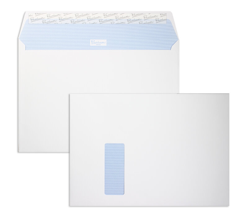 enveloppes blanc (blanc d'hiver) 229 x 324 mm (c4) | 120 g/m² offset | avec fenêtre | fermeture adhésive | rabat droit | 250 pièces
