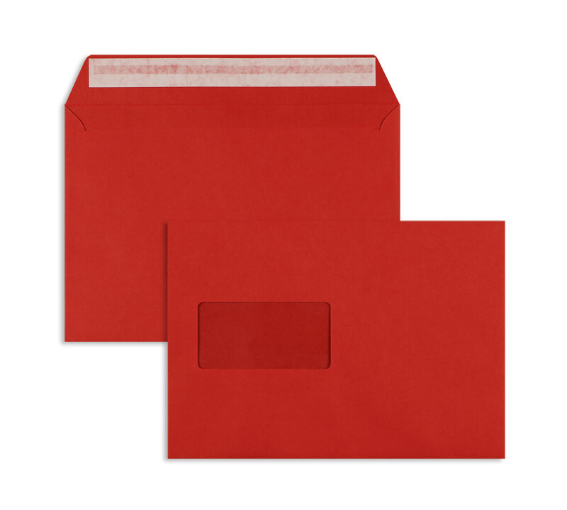 enveloppes colorées rouge (rouge intense) 162 x 229 mm (c5) | 120 g/m² offset | avec fenêtre | fermeture adhésive | rabat droit | 100 pièces