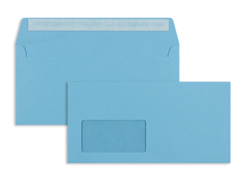 enveloppes colorées bleu (bleu intense) 114 x 229 mm (c6/5) | 120 g/m² offset | avec fenêtre | fermeture adhésive | rabat droit | 100 pièces