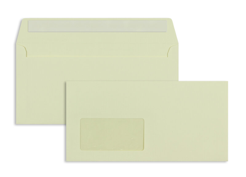 enveloppes colorées crème (chamois) 114 x 229 mm (c6/5) | 120 g/m² offset | avec fenêtre | fermeture adhésive | rabat droit | 100 pièces