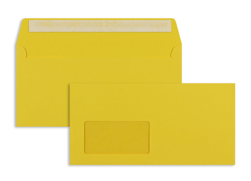 enveloppes colorées jaune (jaune d'or) 114 x 229 mm (c6/5) | 120 g/m² offset | avec fenêtre | fermeture adhésive | rabat droit | 100 pièces