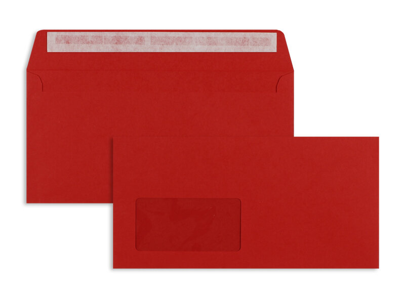 enveloppes colorées rouge (rouge intense) 114 x 229 mm (c6/5) | 120 g/m² offset | avec fenêtre | fermeture adhésive | rabat droit | 100 pièces