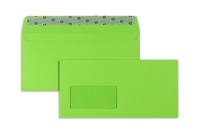enveloppes colorées vert 114 x 229 mm (c6/5) | 120 g/qm colorista | avec fenêtre | fermeture adhésive | rabat droit | 100 pièces