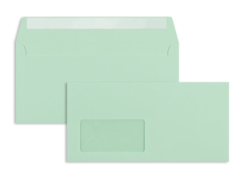 enveloppes colorées vert (vert clair) 114 x 229 mm (c6/5) | 120 g/m² offset | avec fenêtre | fermeture adhésive | rabat droit | 100 pièces