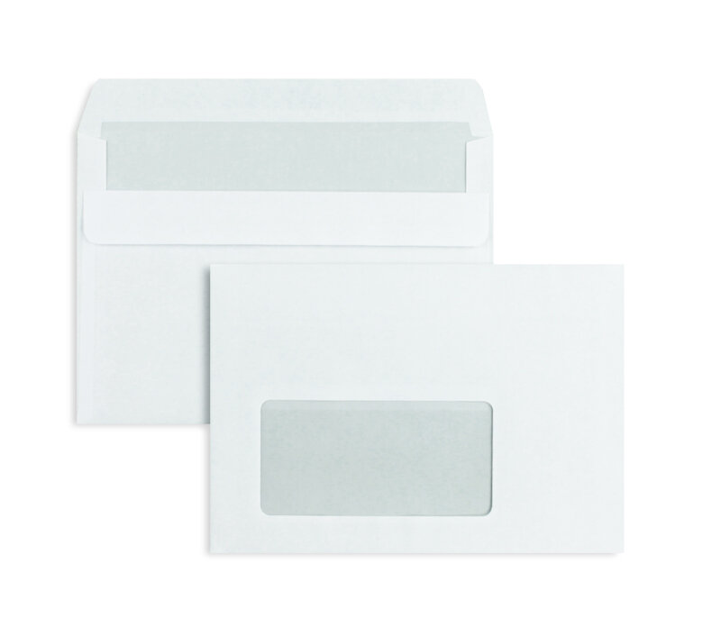 enveloppes blanc 114 x 162 mm (c6) | 75 g/m² offset | avec fenêtre | fermeture autocollante | rabat droit | 1000 pièces