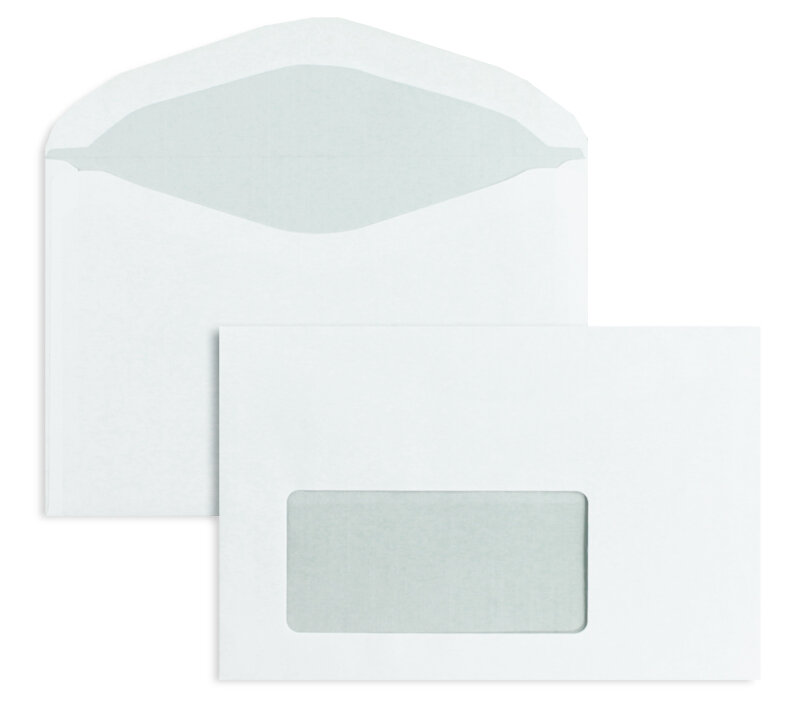 enveloppes blanc 114 x 162 mm (c6) | 75 g/m² offset | avec fenêtre | fermeture gommée | rabat arrondi | 1000 pièces