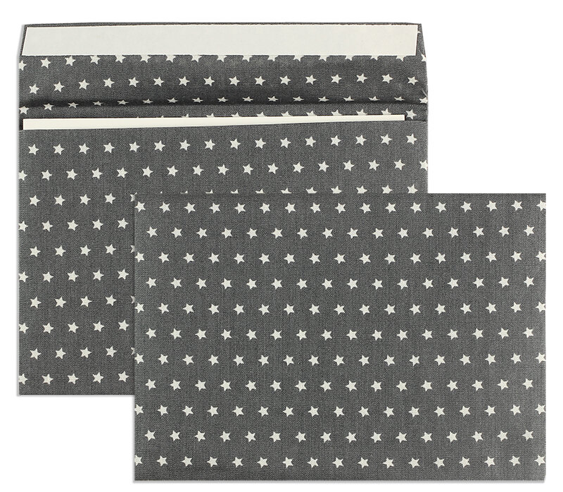 enveloppes textiles colorées gris (motif en étolie) 114 x 162 mm (c6) | 115 g/qm coton | sans fenêtre | fermeture adhésive | rabat droit | 5 pièces