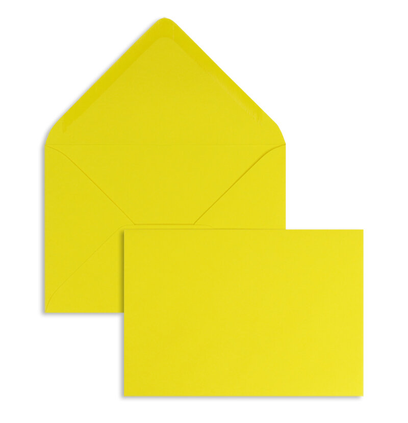 enveloppes colorées jaune (jaune bouton d'or) 81 x 114 mm (c7) | 120 g/m² offset | sans fenêtre | fermeture gommée | rabat pointu | 100 pièces