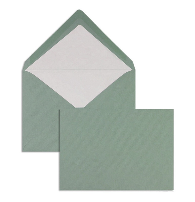enveloppes colorées vert (eucalyptus) 81 x 114 mm (c7) | 100 g/qm côtelé (paperado) | sans fenêtre | fermeture gommée | rabat pointu | 100 pièces