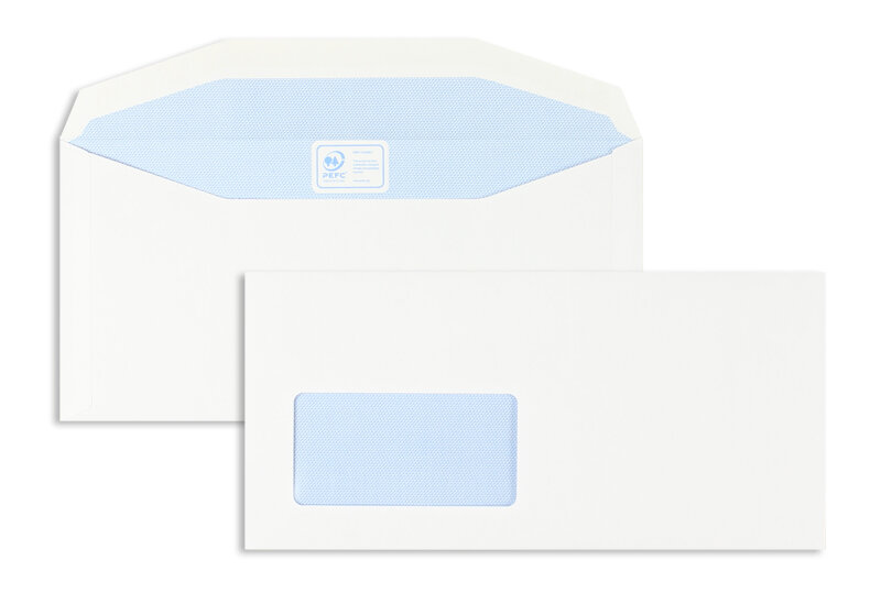 enveloppe de mise sous pli blanc 114 x 235 mm | 90 g/m² offset | avec fenêtre | fermeture gommée | rabat trapézoïdal | 1000 pièces
