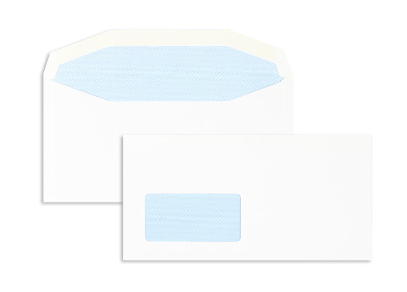 enveloppe de mise sous pli blanc 121 x 235 mm | 90 g/m² offset | avec fenêtre | fermeture gommée | rabat trapézoïdal | 1000 pièces