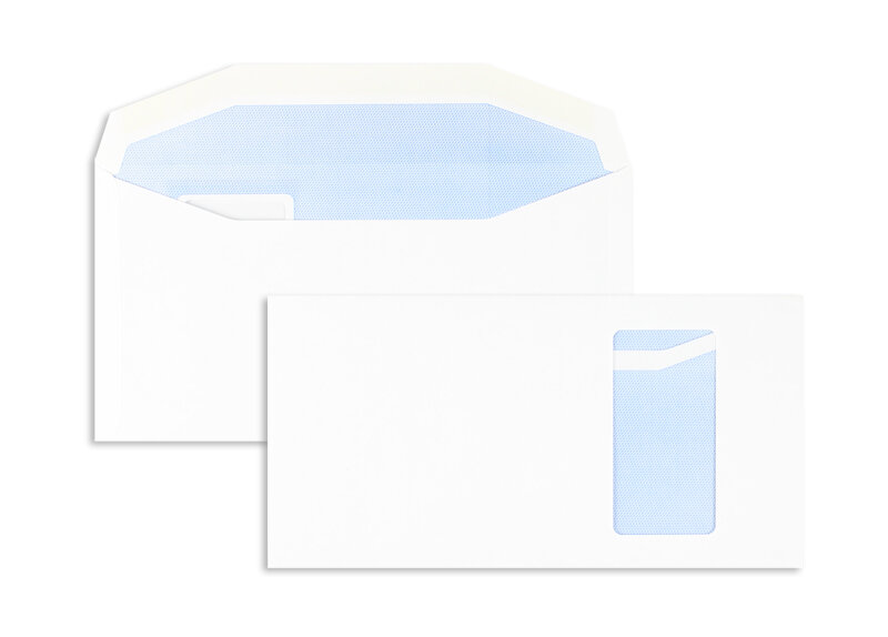 enveloppe de mise sous pli blanc 121 x 235 mm | 90 g/m² offset | avec fenêtre | fermeture gommée | rabat trapézoïdal | 1000 pièces
