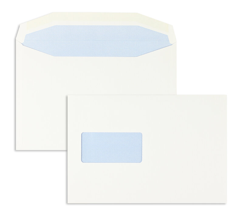 enveloppe de mise sous pli blanc 162 x 238 mm | 100 g/m² offset | avec fenêtre | fermeture gommée | rabat trapézoïdal | 500 pièces