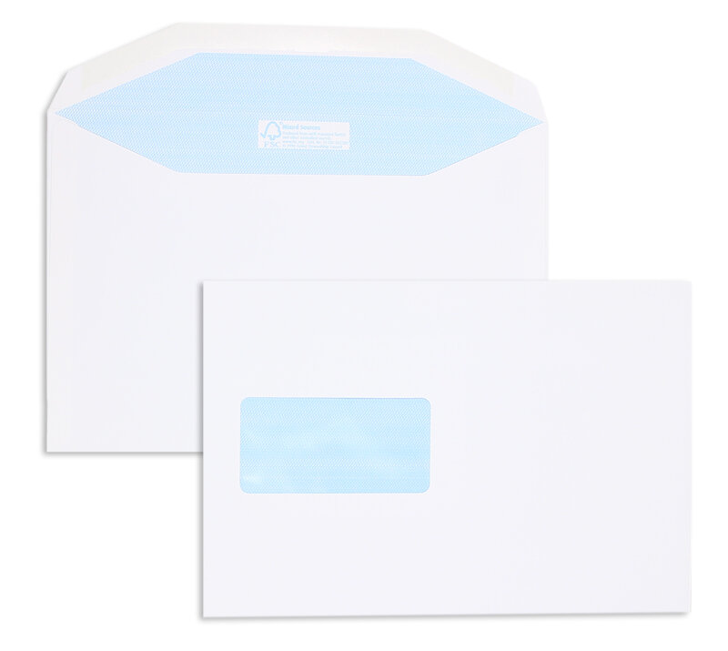 enveloppe de mise sous pli blanc 162 x 238 mm | 115 g/m² mat couché | avec fenêtre | fermeture gommée | rabat trapézoïdal | 500 pièces