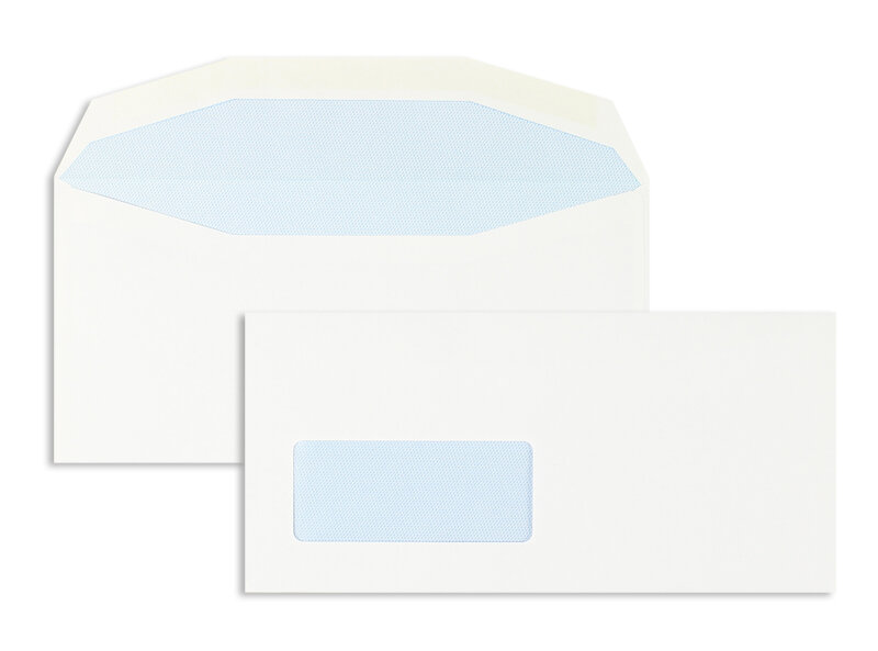 enveloppes blanc 111 x 232 mm | 90 g/m² offset | avec fenêtre | fermeture gommée | rabat trapézoïdal | 1000 pièces