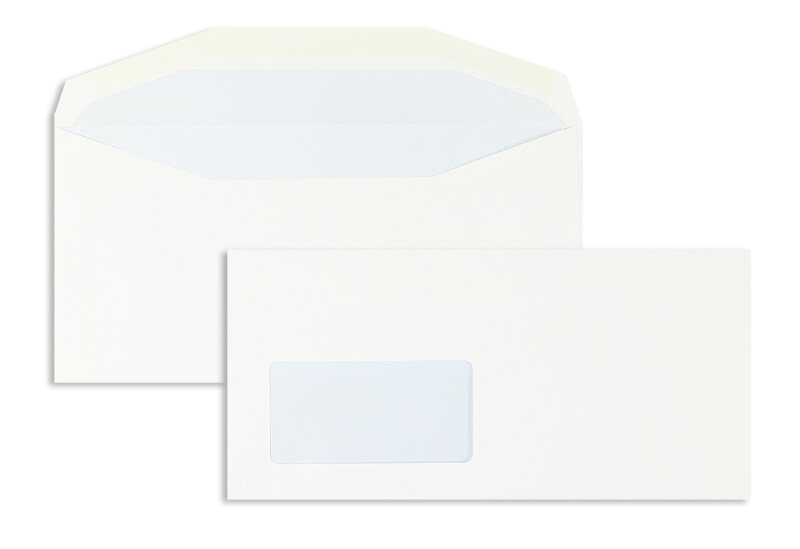 enveloppes blanc 114 x 235 mm | 100 g/m² offset | avec fenêtre | fermeture gommée | rabat trapézoïdal | 1000 pièces