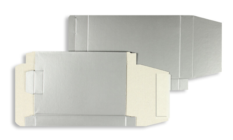 boîtes colorées argent 110 x 160 x 22 mm | 450 g/qm carton | sans fenêtre | fermeture adhésive | rabat droit | 25 pièces