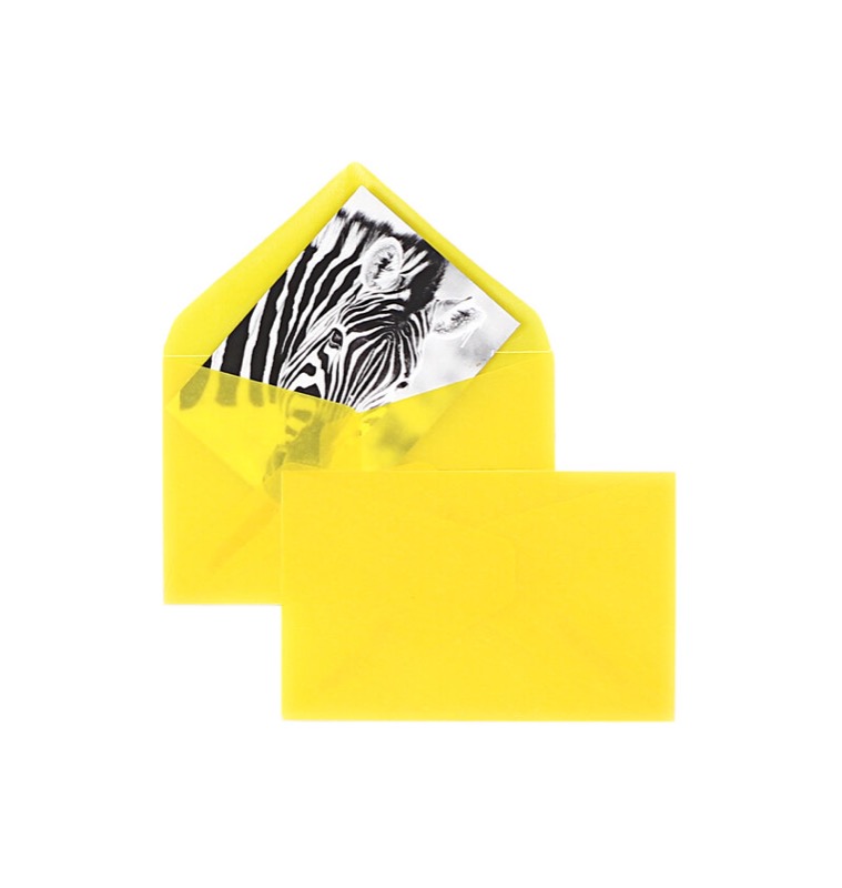enveloppes transparentes colorées jaune (transparent jaune intense) 62 x 98 mm | 100 g/m² offset | sans fenêtre | fermeture gommée | rabat pointu | 100 pièces