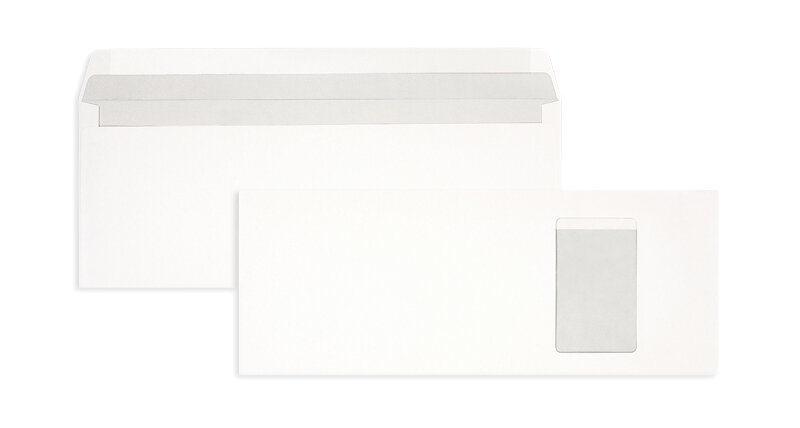 enveloppes blanc 125 x 324 mm | 120 g/m² offset | avec fenêtre | fermeture gommée | rabat droit | 1000 pièces